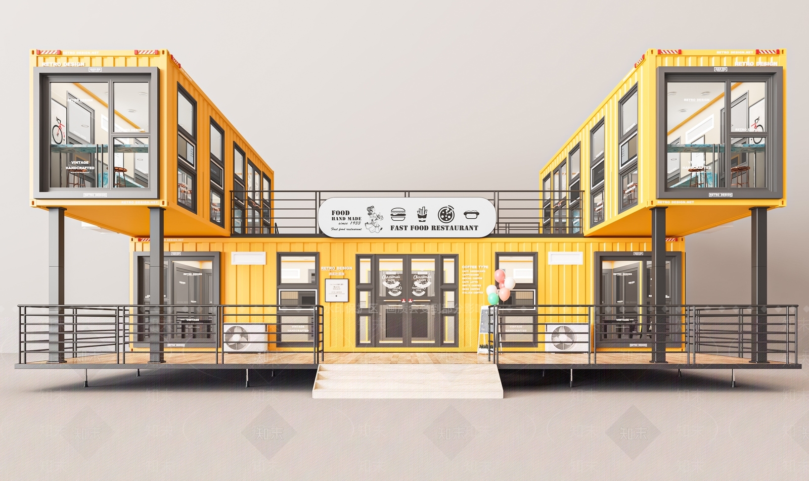 工业风集装箱快餐厅SU模型下载【ID:1115553413】