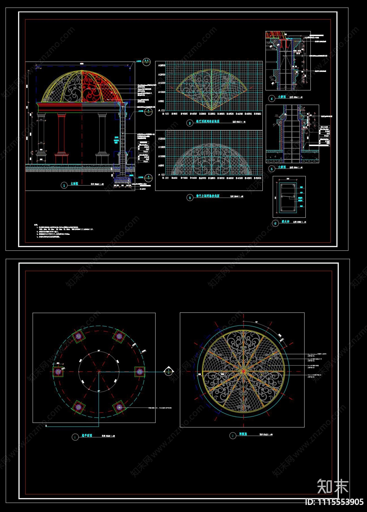 欧式圆景亭子岗亭施工图cad施工图下载【ID:1115553905】