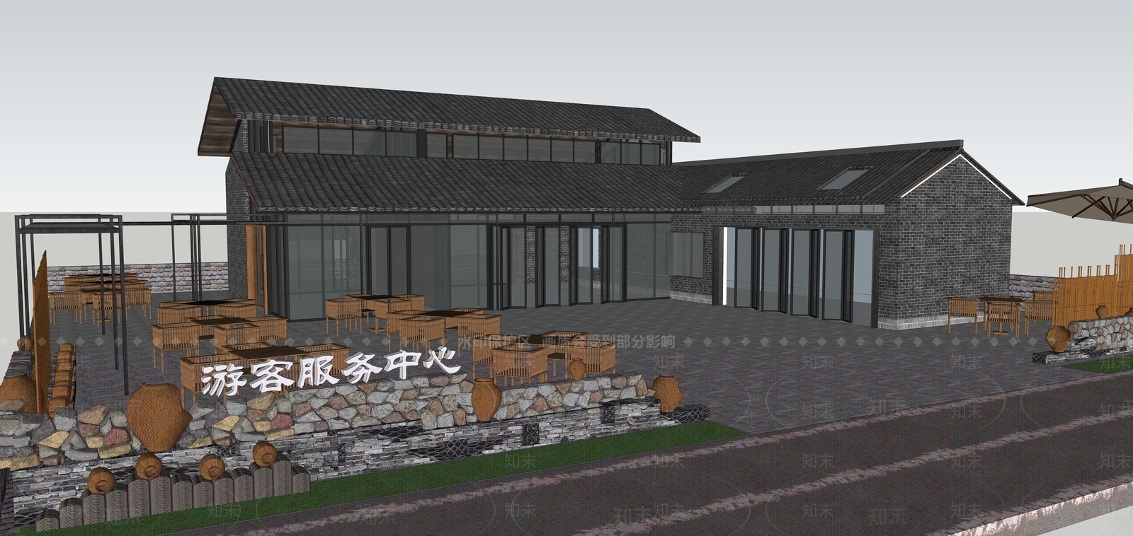 新中式游客服务中心SU模型下载【ID:1115578760】