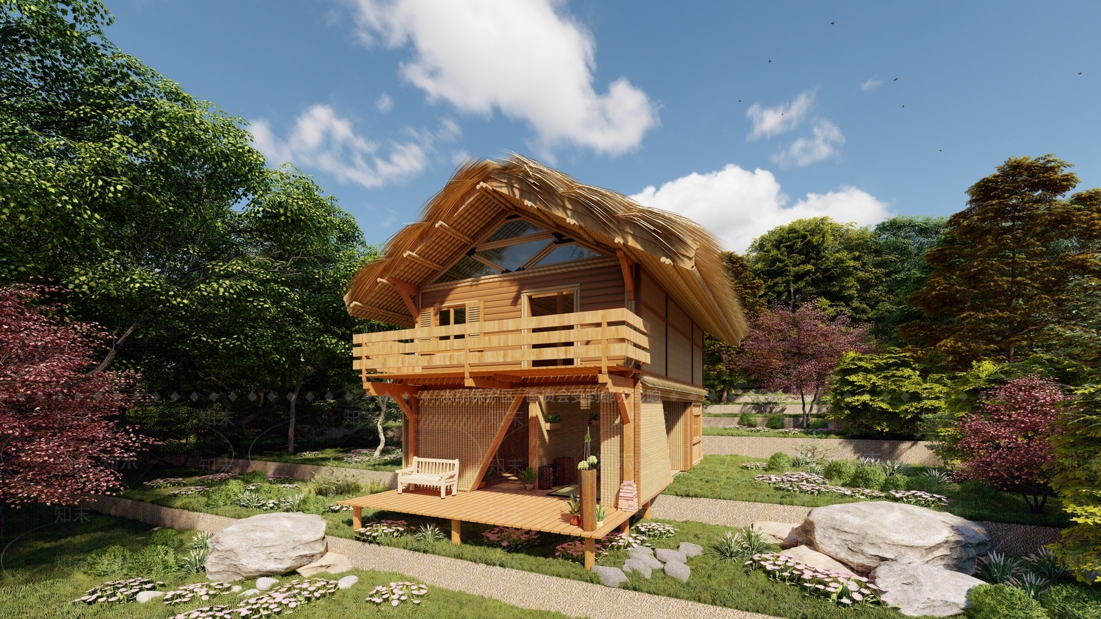 新中式竹屋木屋建筑SU模型下载【ID:1115765014】
