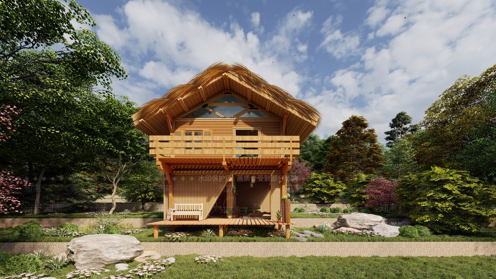 新中式竹屋木屋建筑SU模型下载【ID:1115765014】