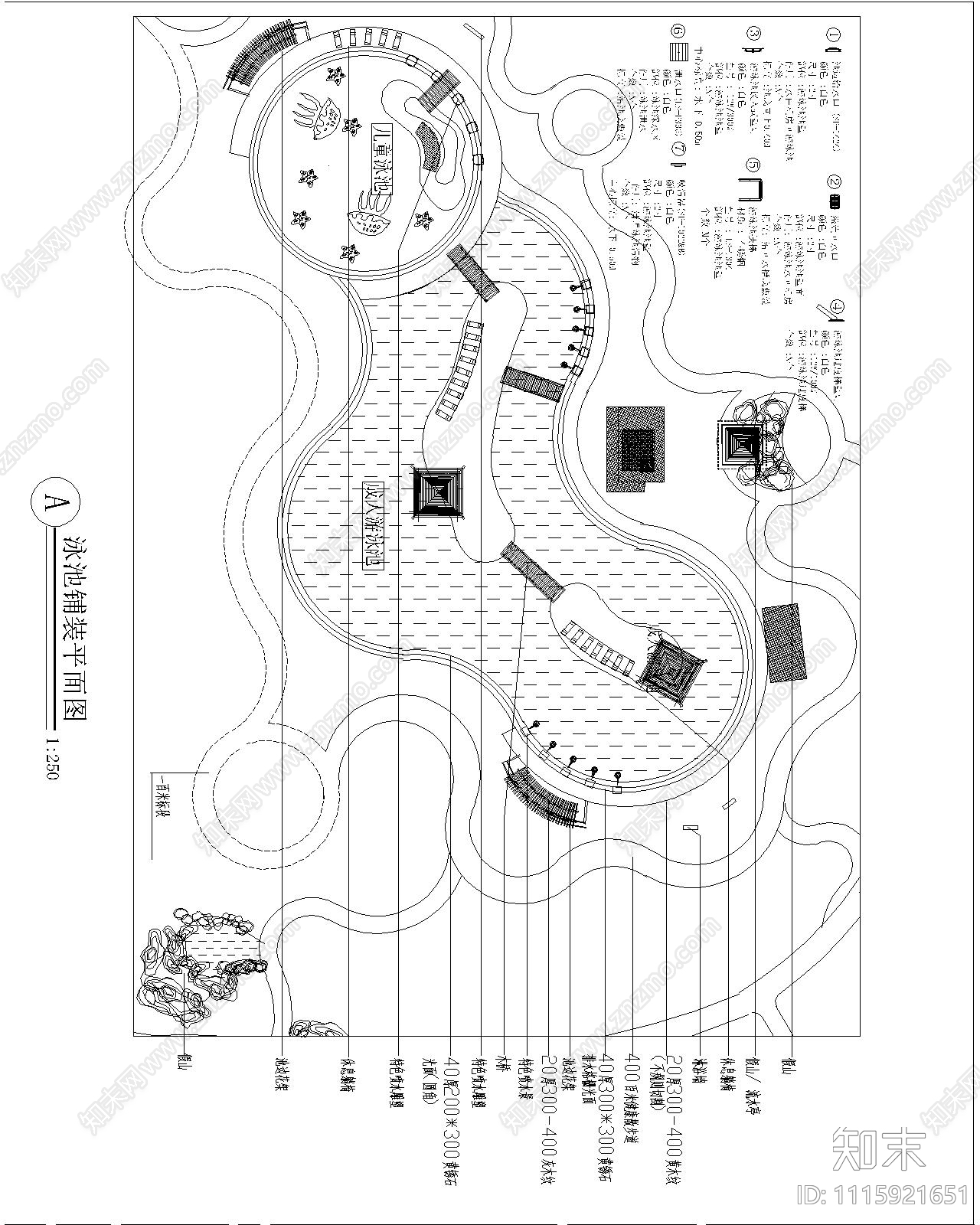 花园游泳池假山亭子施工图cad施工图下载【ID:1115921651】