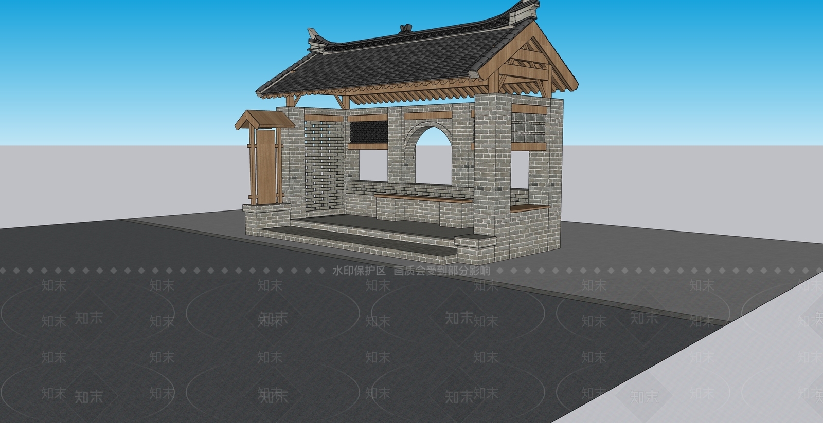 中式乡村公交车站台SU模型下载【ID:1115946540】