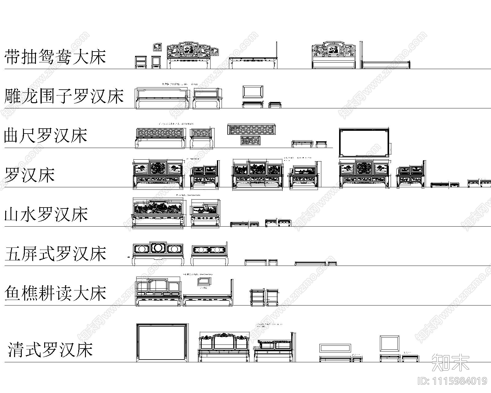 红木床鸳鸯床罗汉床施工图cad施工图下载【ID:1115984019】