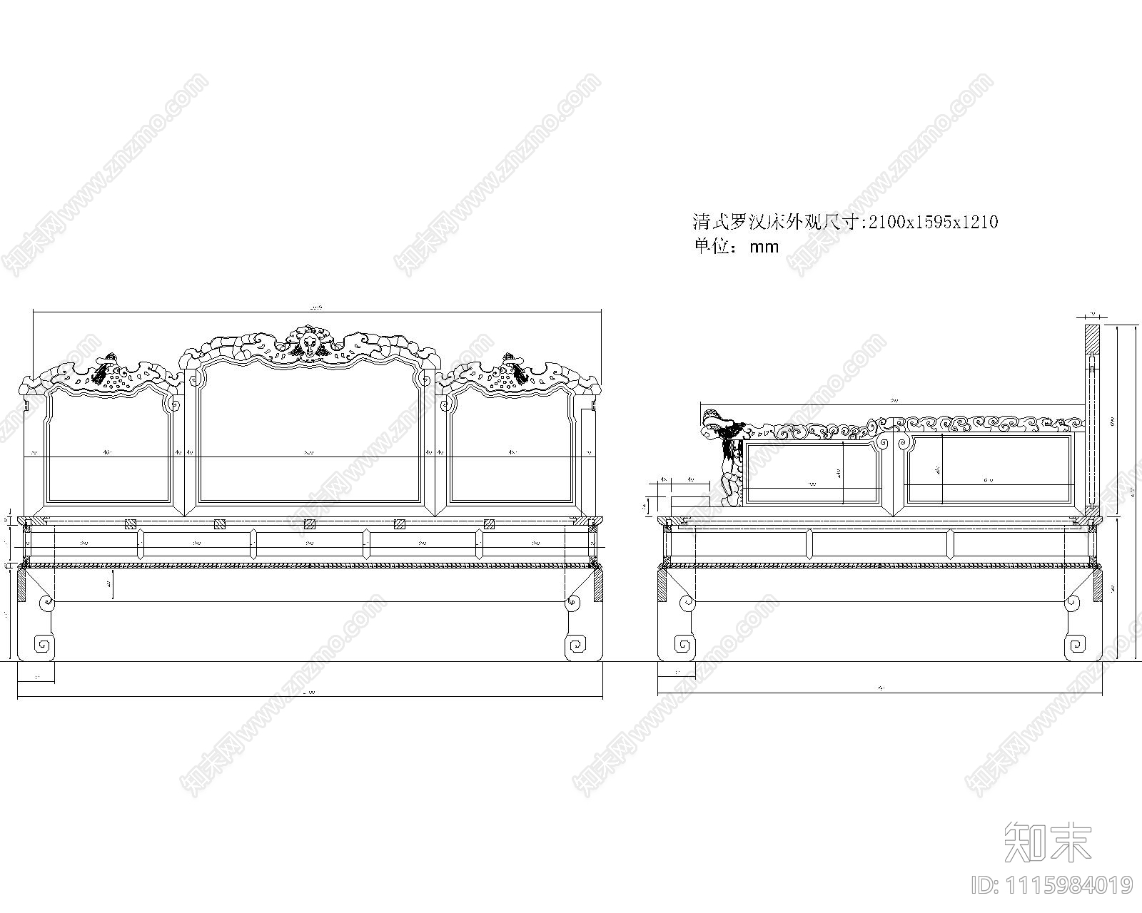 红木床鸳鸯床罗汉床施工图cad施工图下载【ID:1115984019】