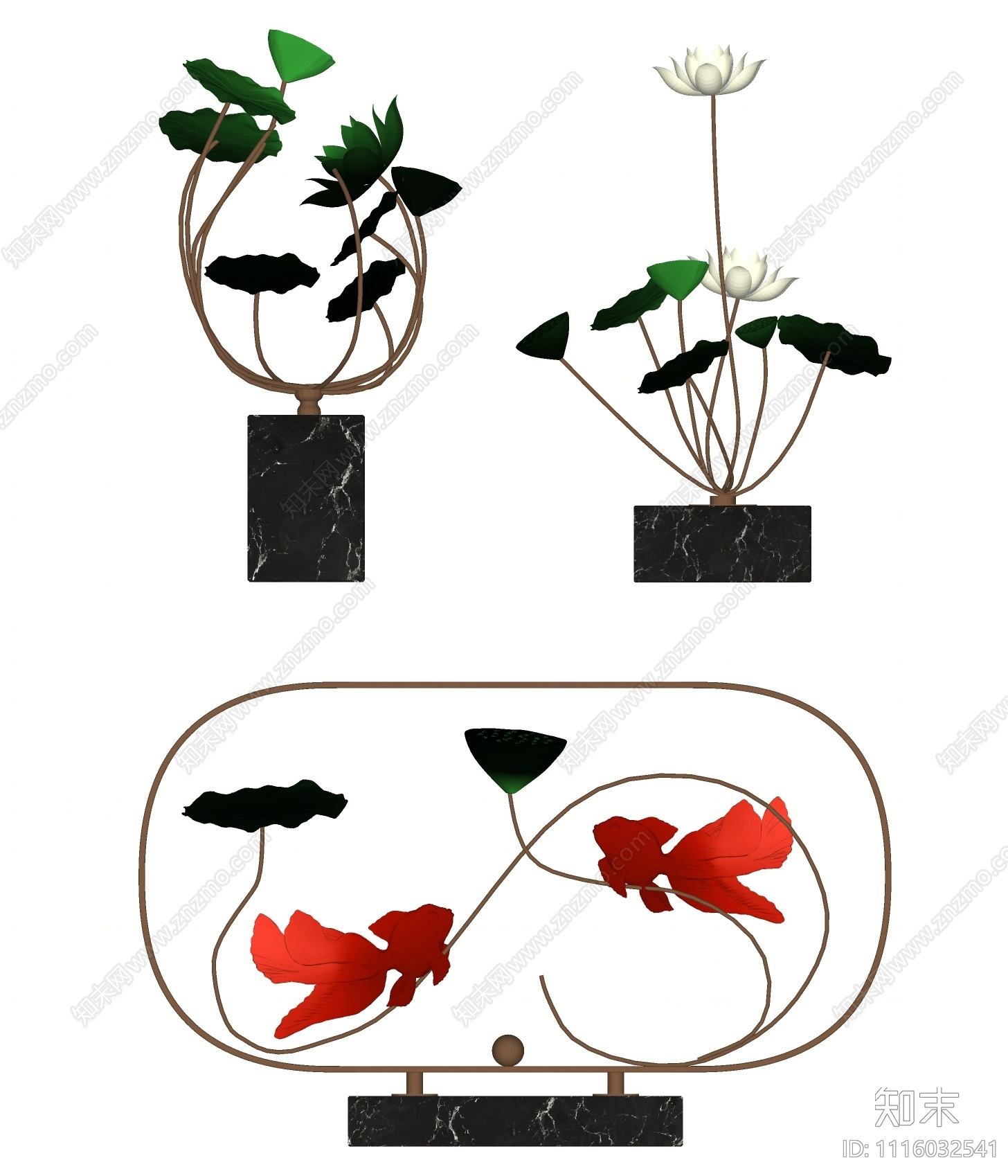 新中式荷叶荷花雕塑摆件SU模型下载【ID:1116032541】