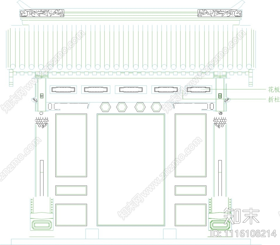 中式清垂花门立面图块cad施工图下载【ID:1116108214】