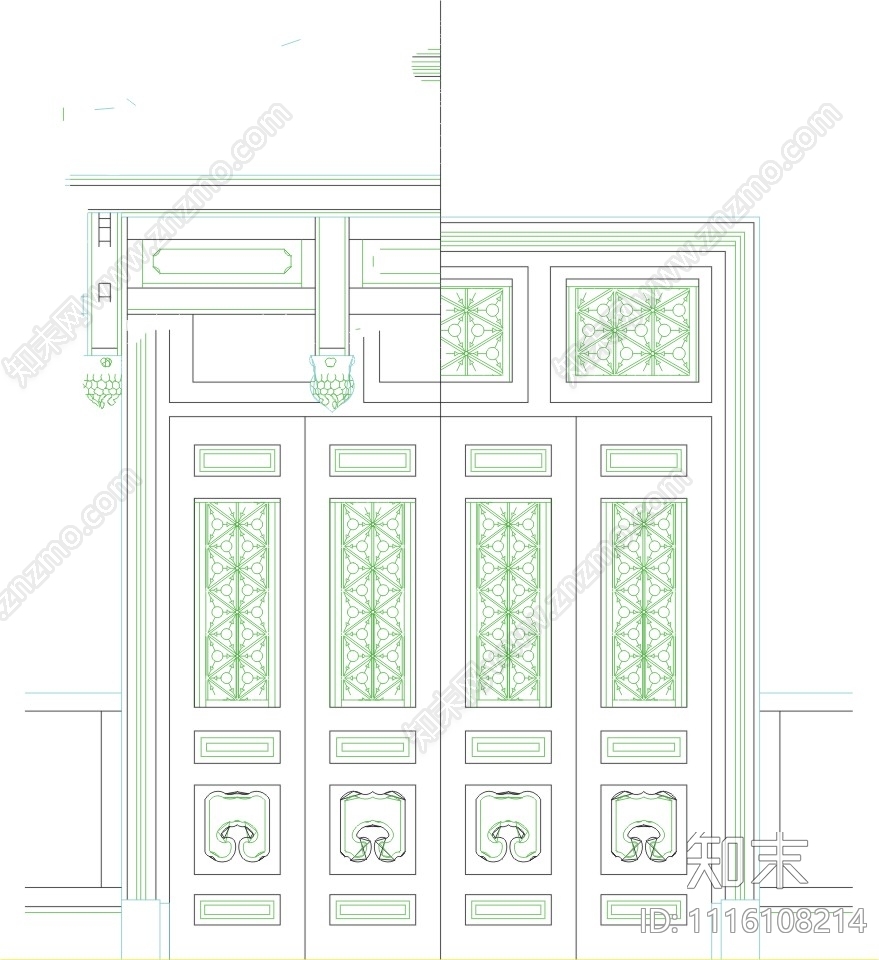 中式清垂花门立面图块cad施工图下载【ID:1116108214】