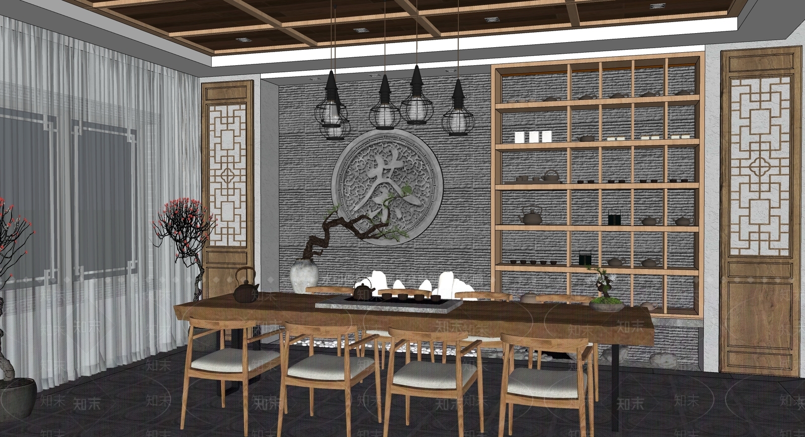 新中式茶室SU模型下载【ID:1116170121】