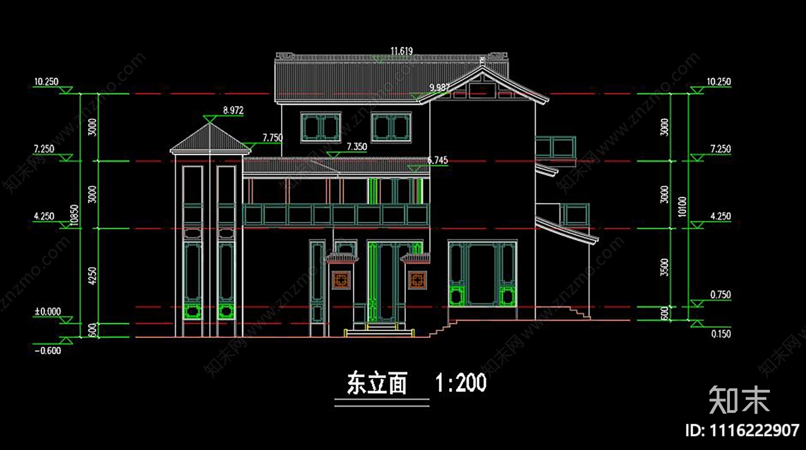 中式别墅建筑CAD施工图施工图下载【ID:1116222907】