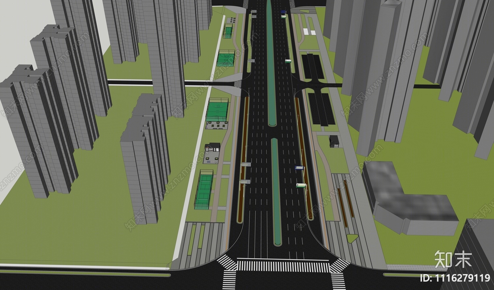 现代道路景观SU模型下载【ID:1116279119】