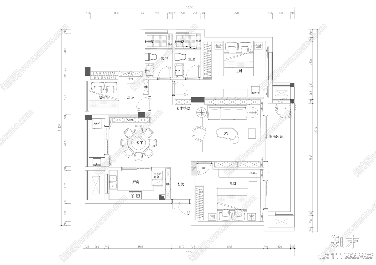 现代家装平面设计平面图CAD施工图施工图下载【ID:1116323426】