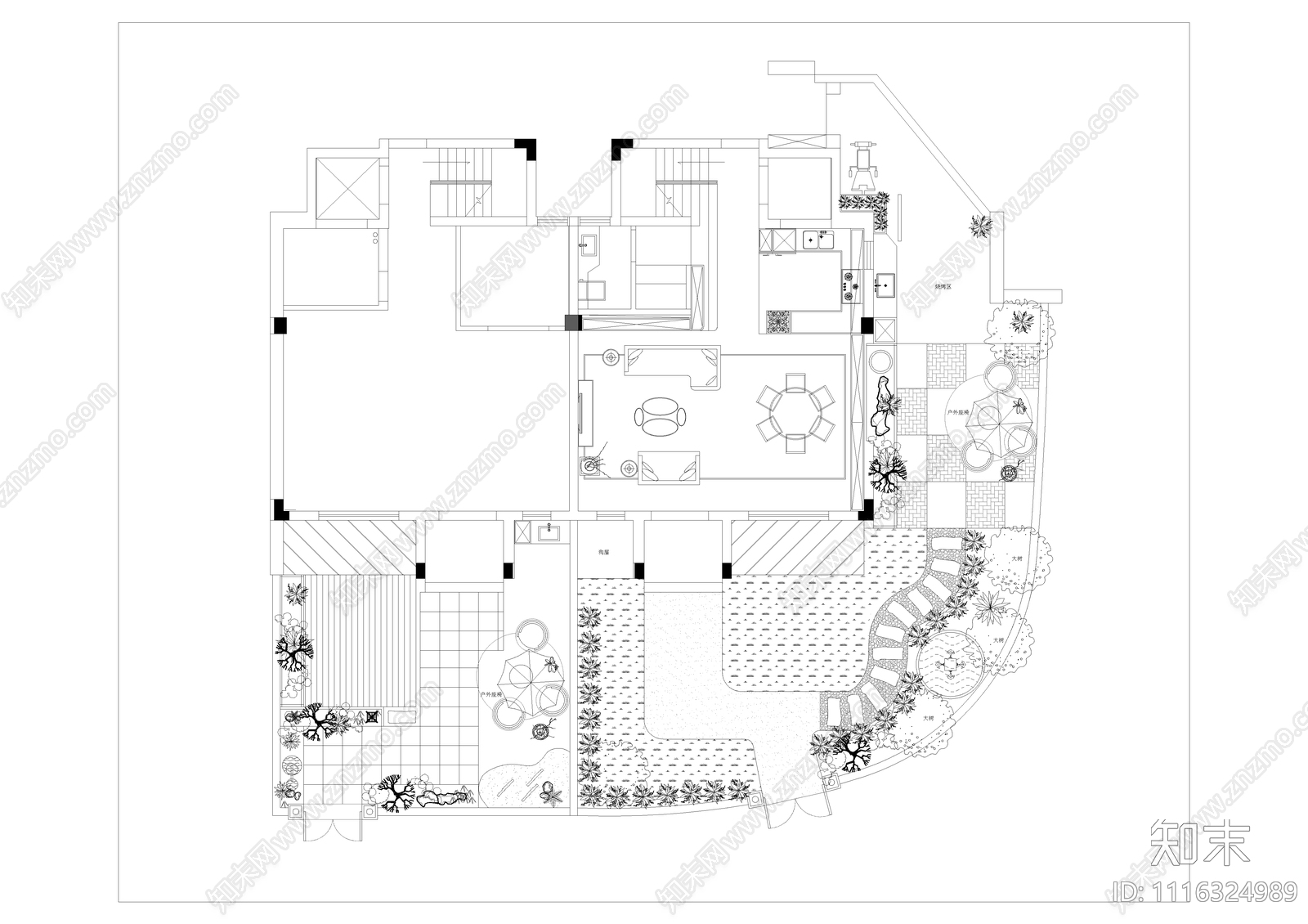 别墅庭院景观设计cad平面施工图cad施工图下载【ID:1116324989】