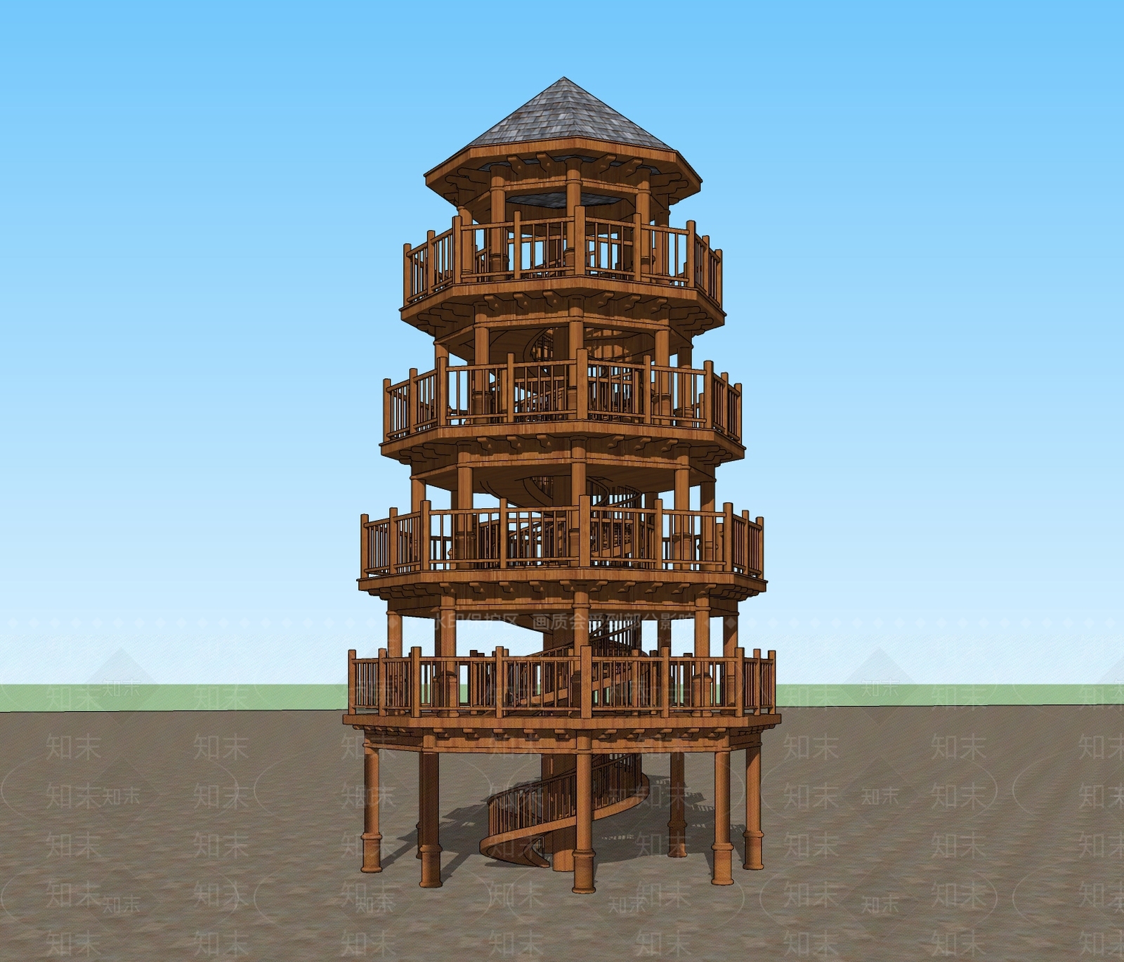 中式景观塔楼SU模型下载【ID:1116341444】