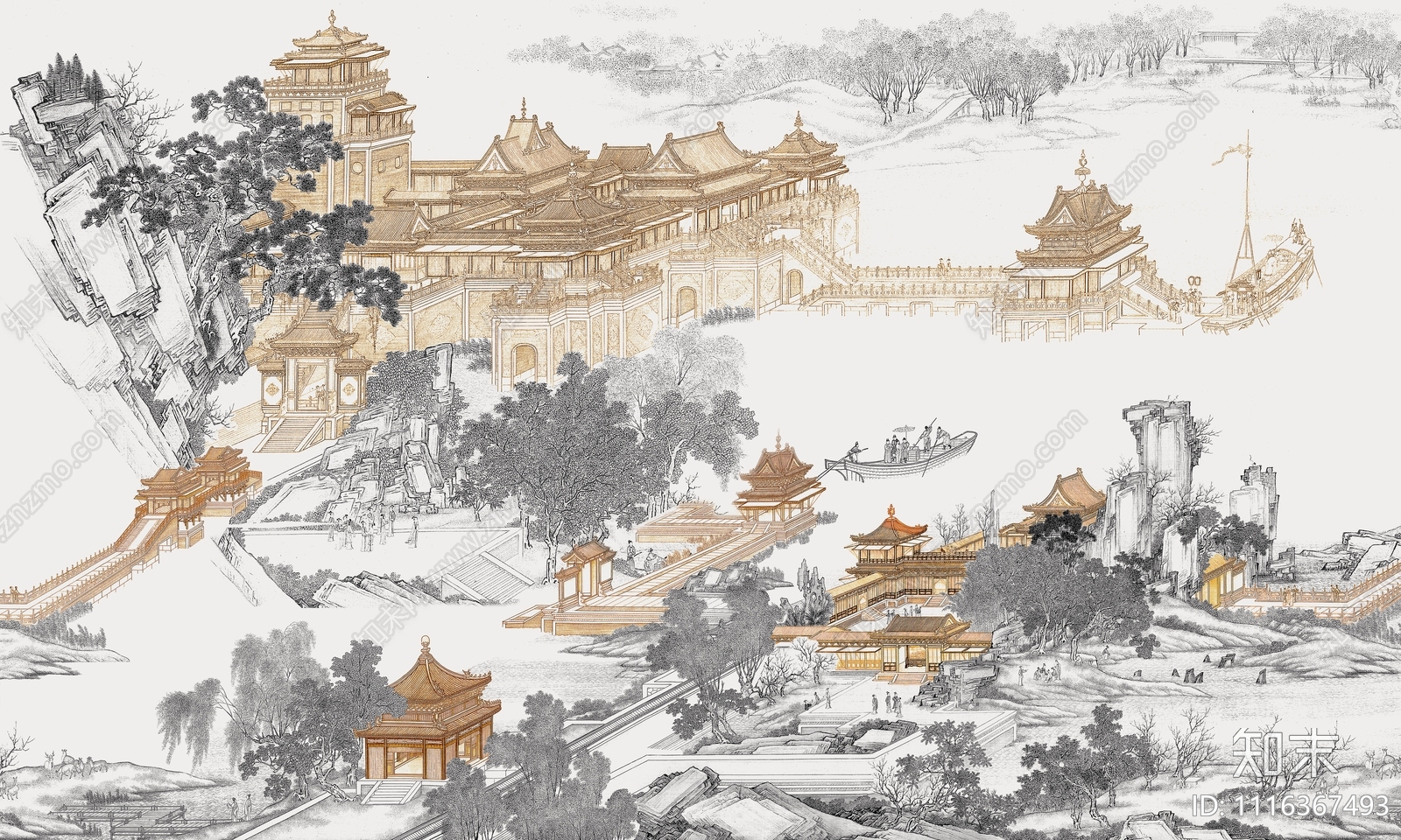 新中式山体楼阁壁画贴图下载【ID:1116367493】_【知末网贴图库】