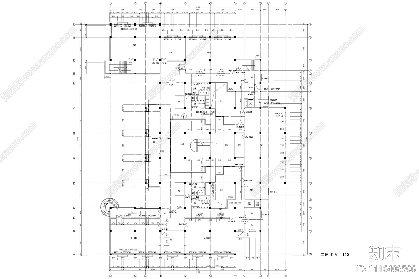 四层图书馆建筑设计施工图cad施工图下载【ID:1116408506】