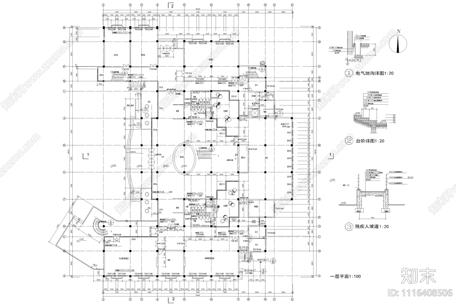 四层图书馆建筑设计施工图cad施工图下载【ID:1116408506】