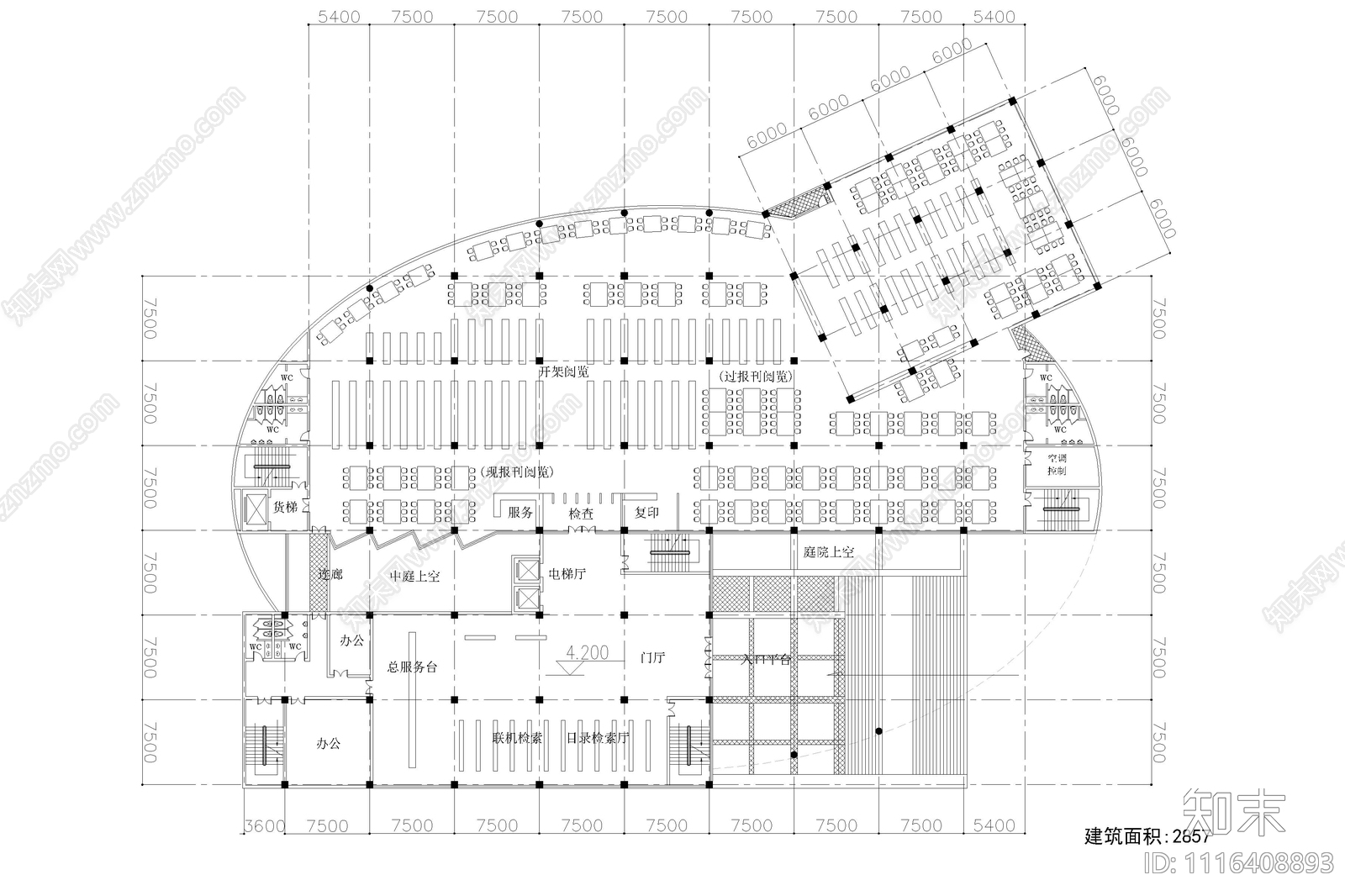 五层学校图书馆建筑设计平立面图施工图cad施工图下载【ID:1116408893】