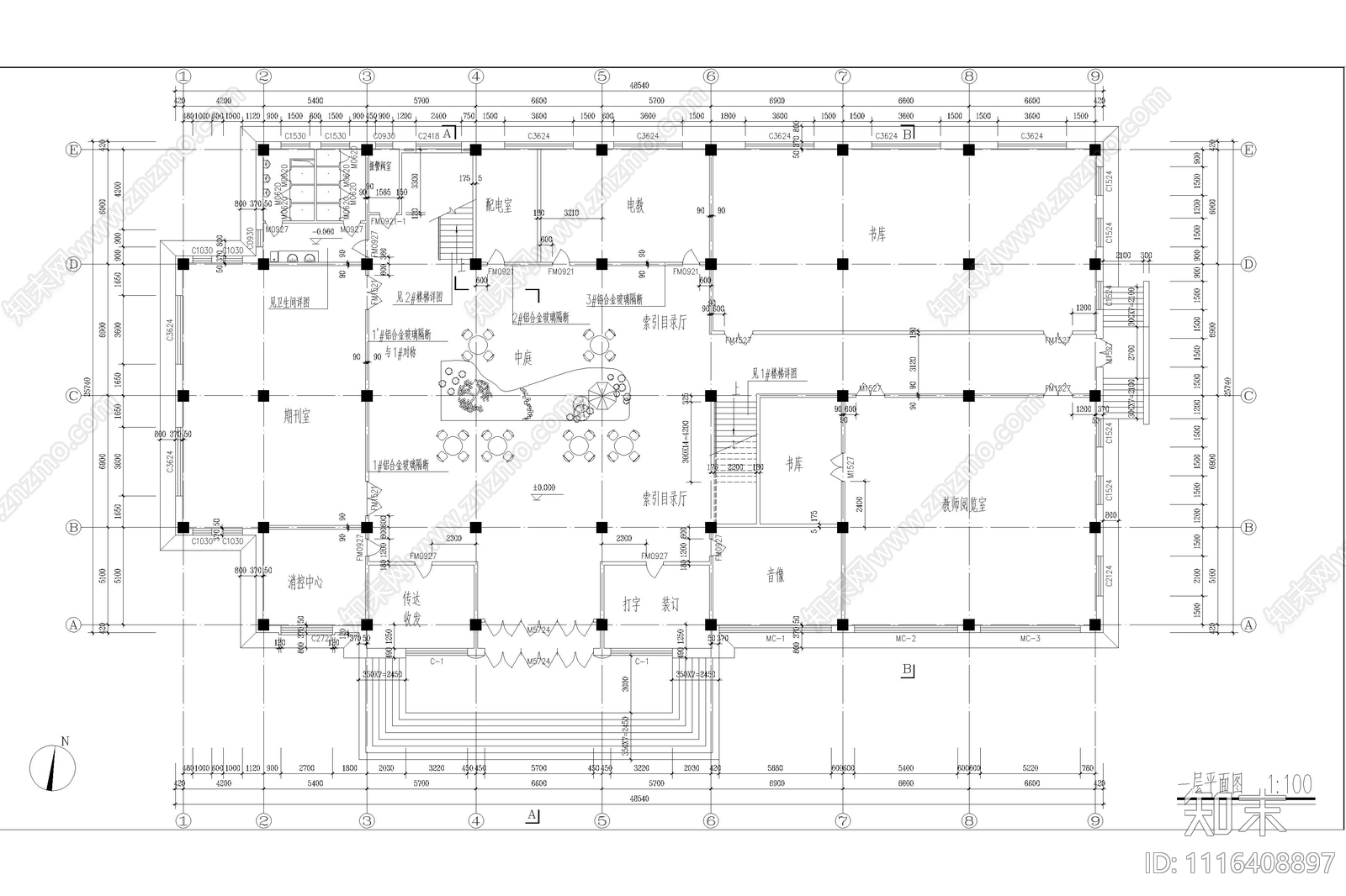 五层学校图书馆建筑施工图cad施工图下载【ID:1116408897】