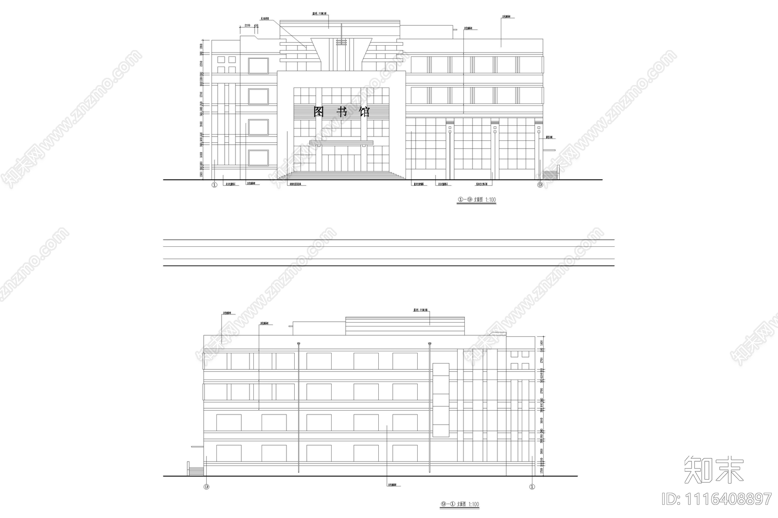 五层学校图书馆建筑施工图cad施工图下载【ID:1116408897】