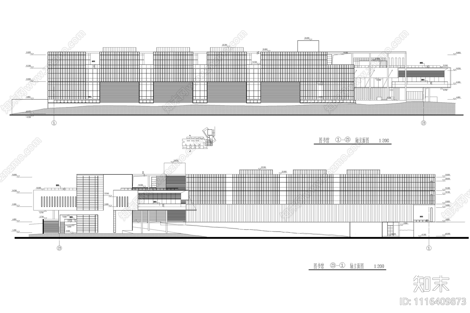 图书馆立面设计施工图施工图下载【ID:1116409873】
