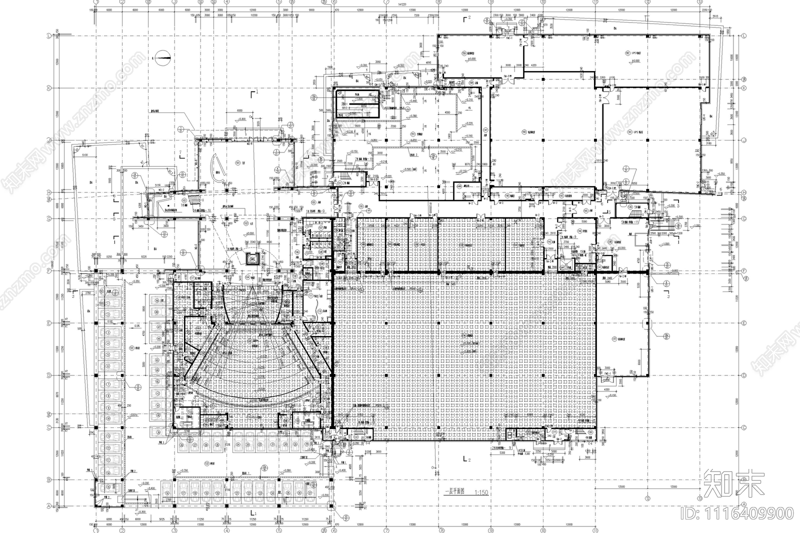 文化中心建筑平面图cad施工图下载【ID:1116409900】