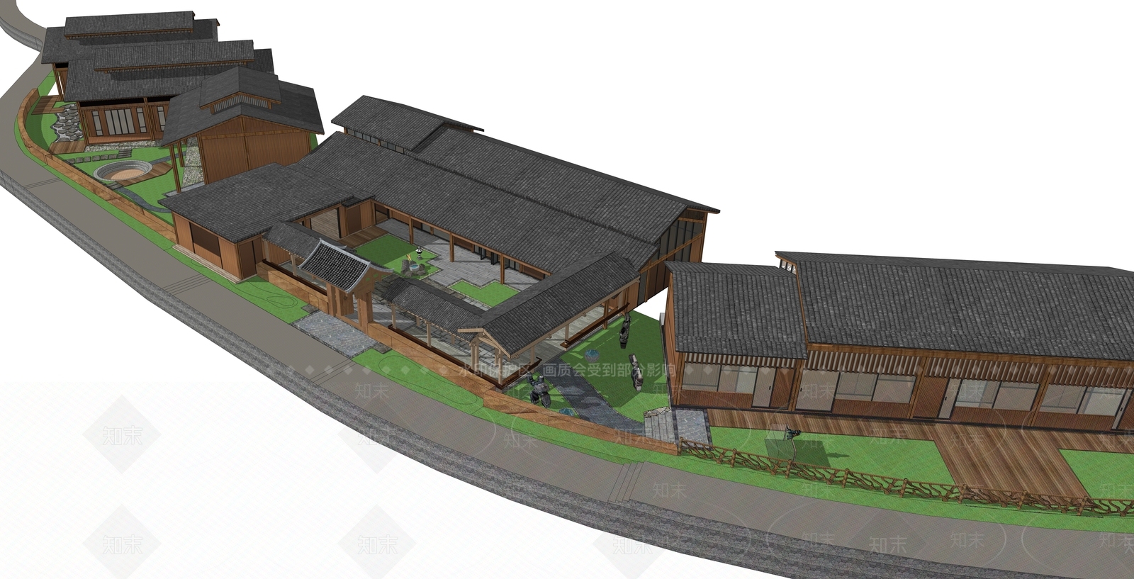新中式乡村民宿建筑SU模型下载【ID:1116434432】
