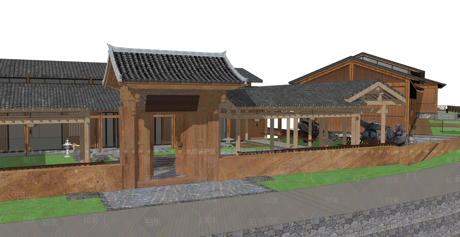 新中式乡村民宿建筑SU模型下载【ID:1116434432】
