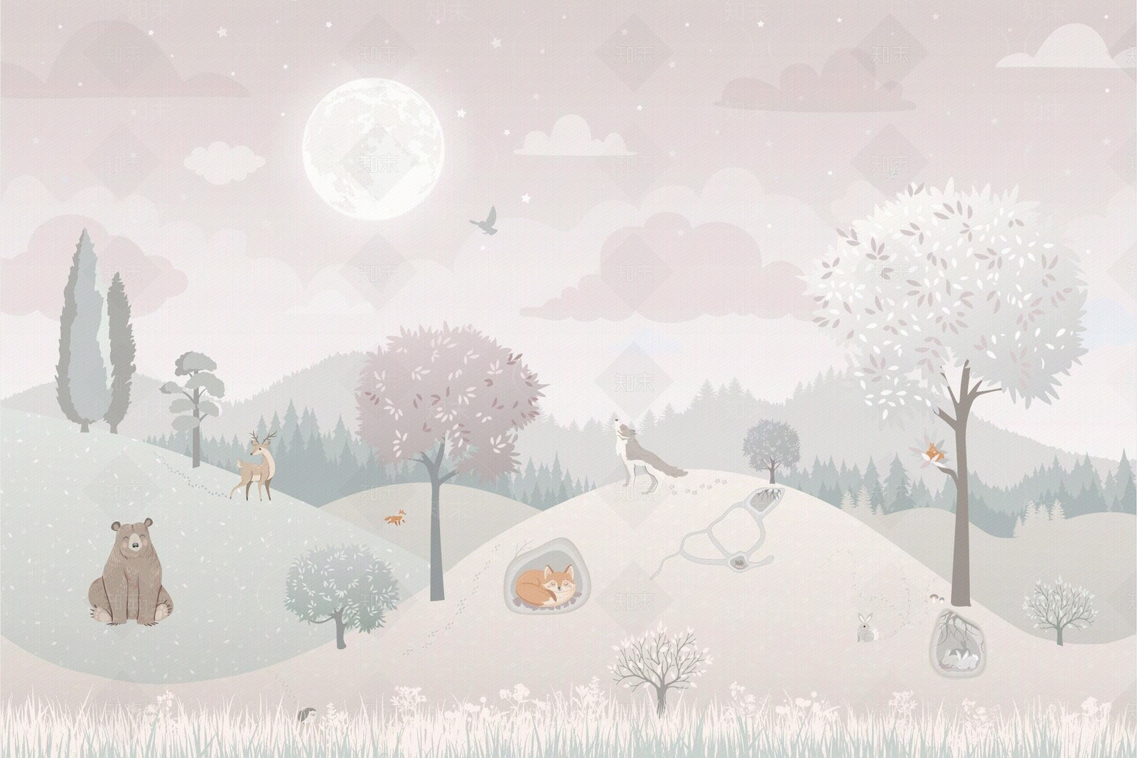 儿童房动物森林壁画贴图下载【ID:1116453793】