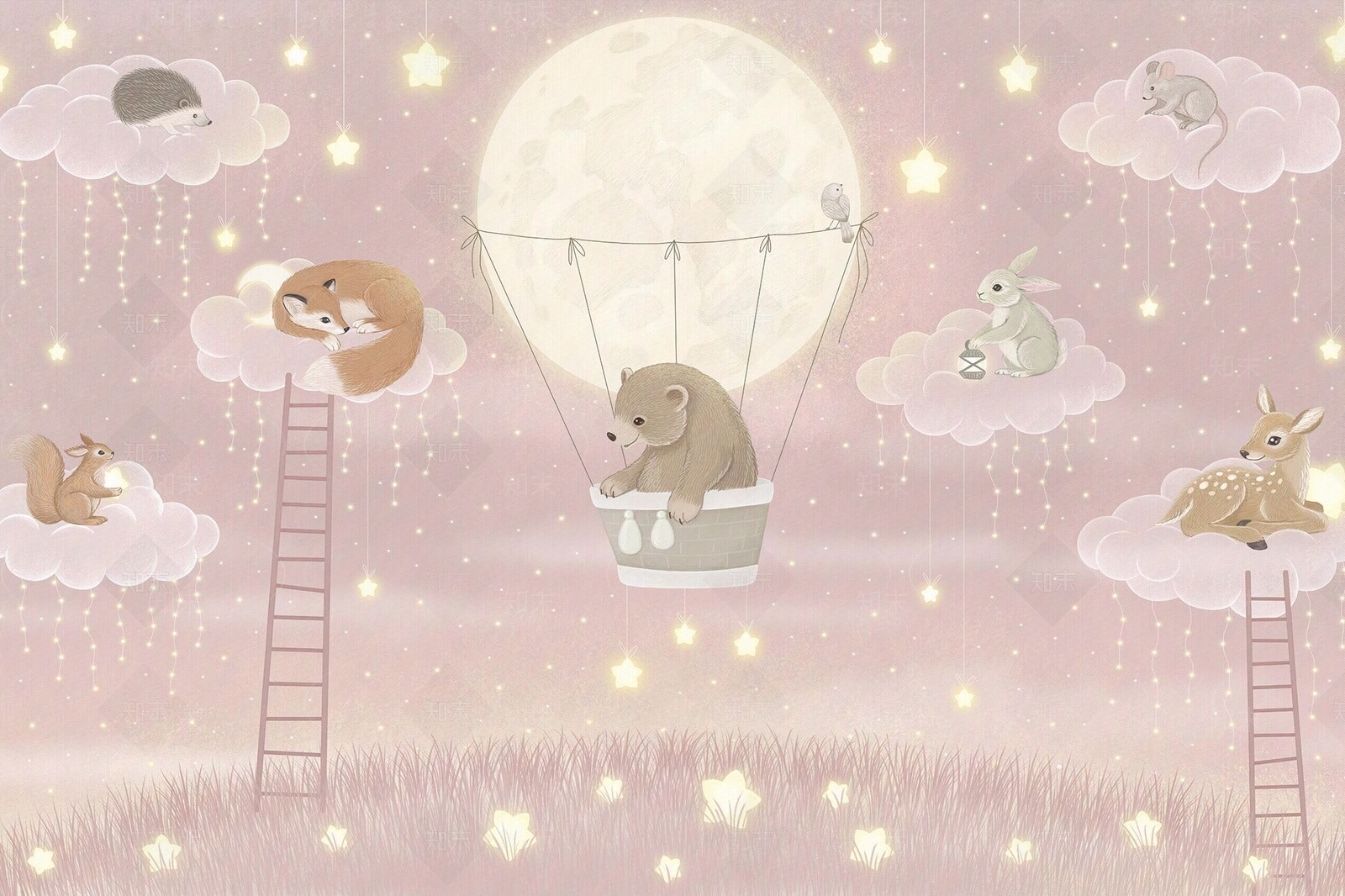 儿童房星空动物壁画贴图下载【ID:1116456897】