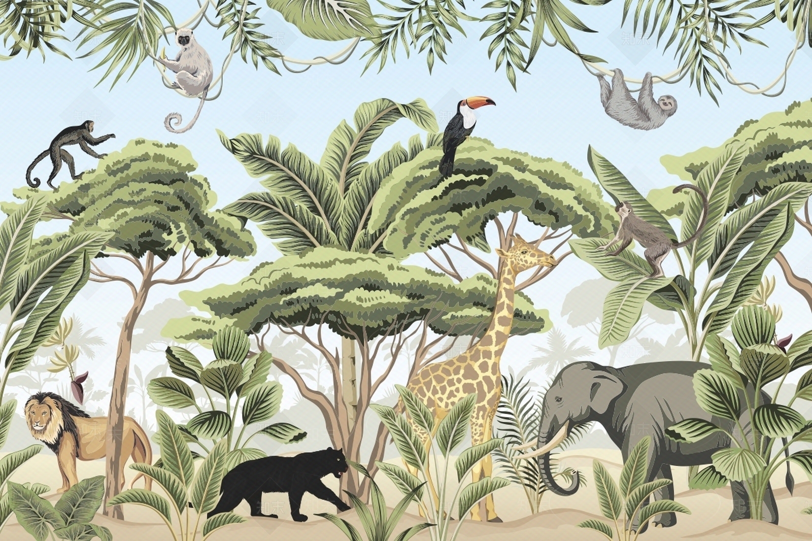 儿童房森林动物壁画贴图下载【ID:1116456945】