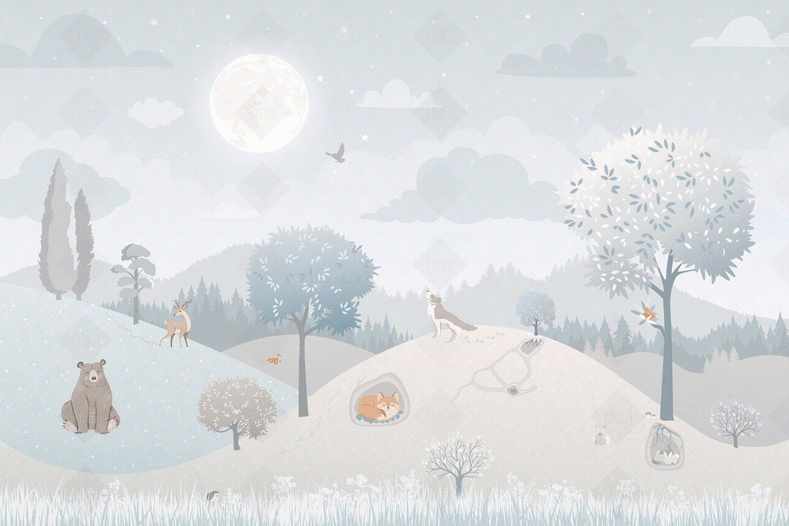 儿童房森林动物壁画贴图下载【ID:1116457588】