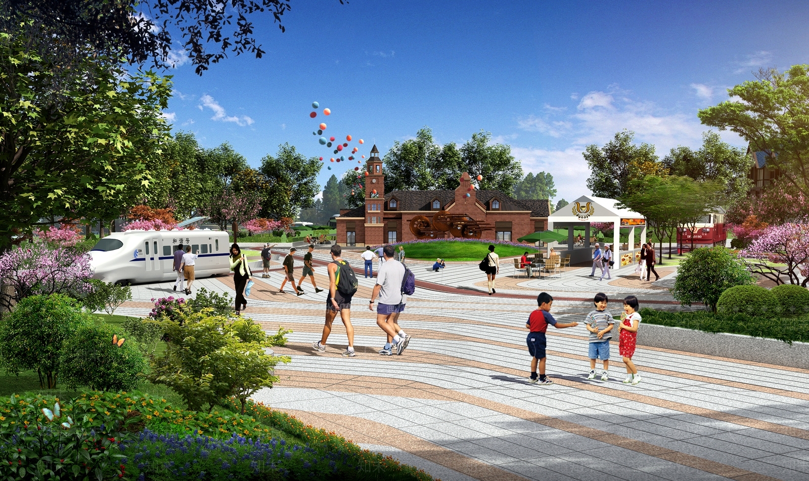 现代火车小镇广场SU模型下载【ID:1116462032】