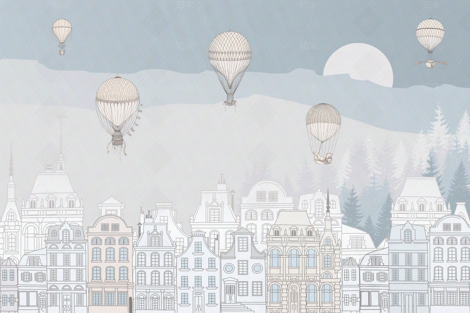 儿童房热气球卡通建筑壁画贴图下载【ID:1116467991】