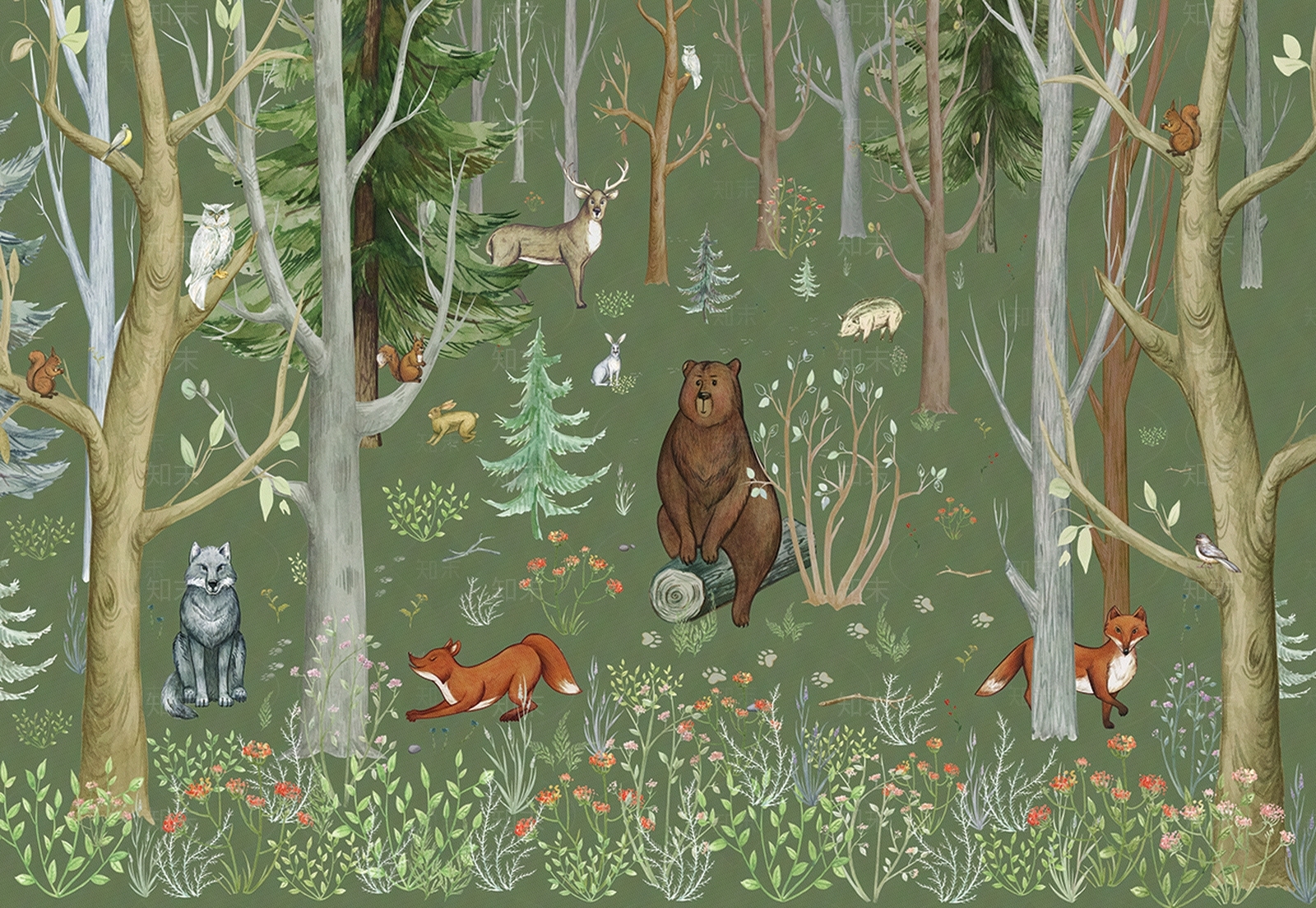 儿童绿色森林动物壁画贴图下载【ID:1116469629】