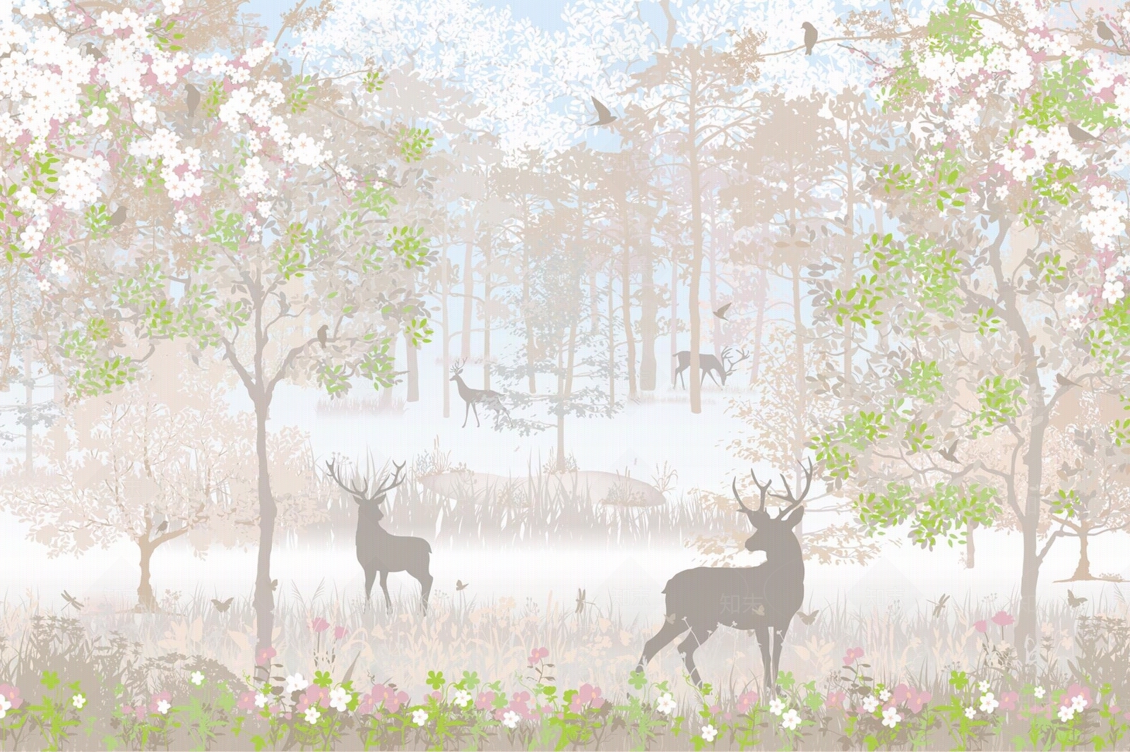 粉色儿童梦幻森林壁画贴图下载【ID:1116470400】