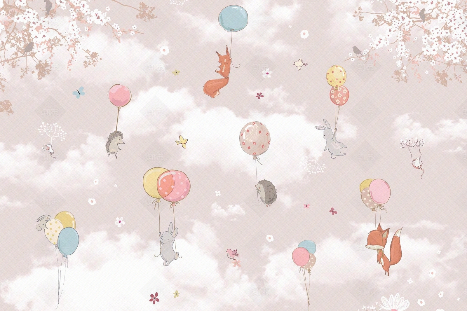 粉色儿童房动物壁画贴图下载【ID:1116470635】
