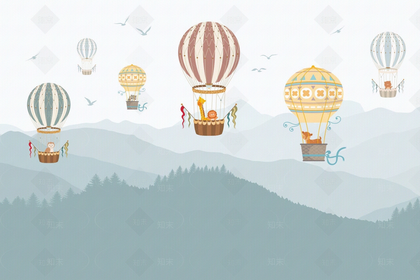 卡通热气球动物儿童壁画贴图下载【ID:1116476504】