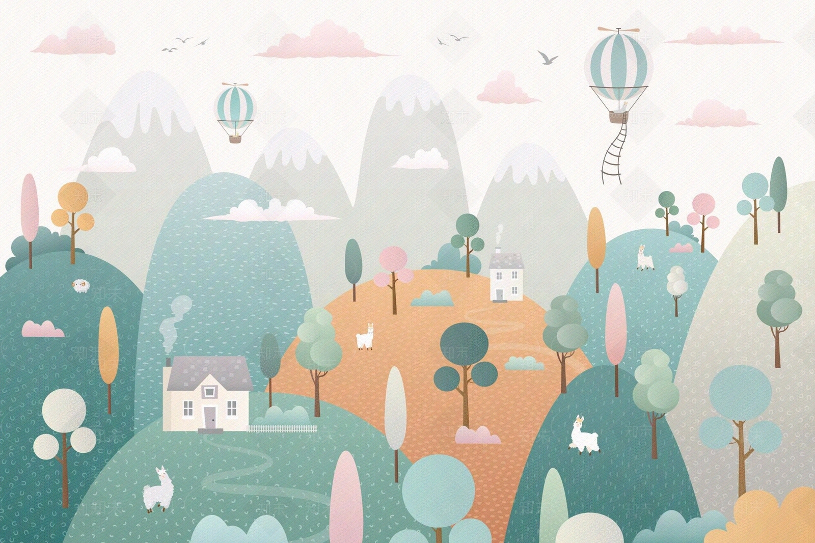 儿童房动物气球壁画贴图下载【ID:1116494850】