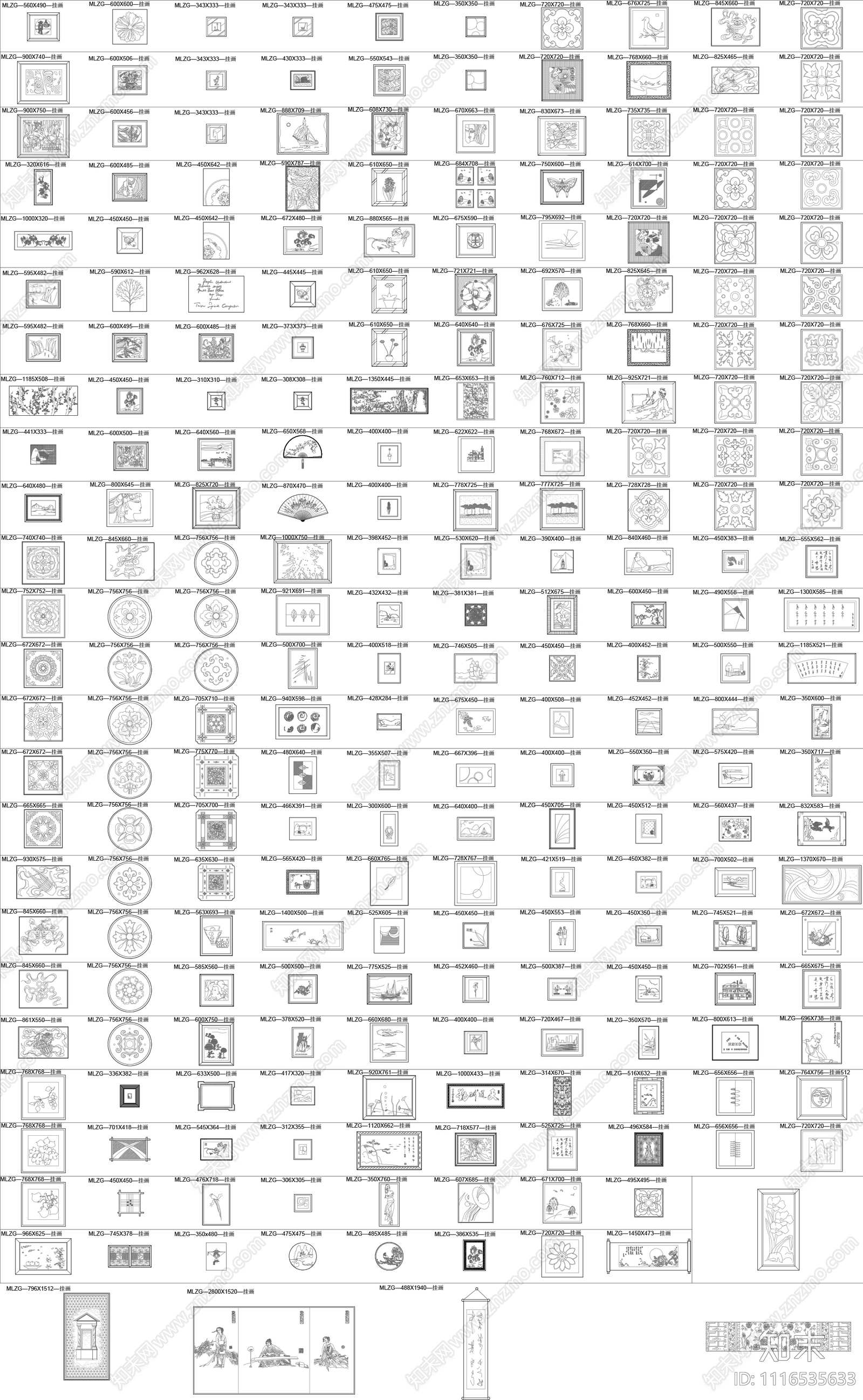 窗帘装饰品陈设挂画立面图库施工图下载【ID:1116535633】