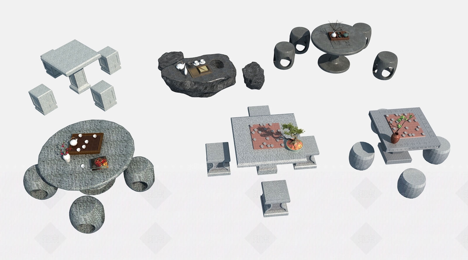 新中式石桌凳组合3D模型下载【ID:1116569638】
