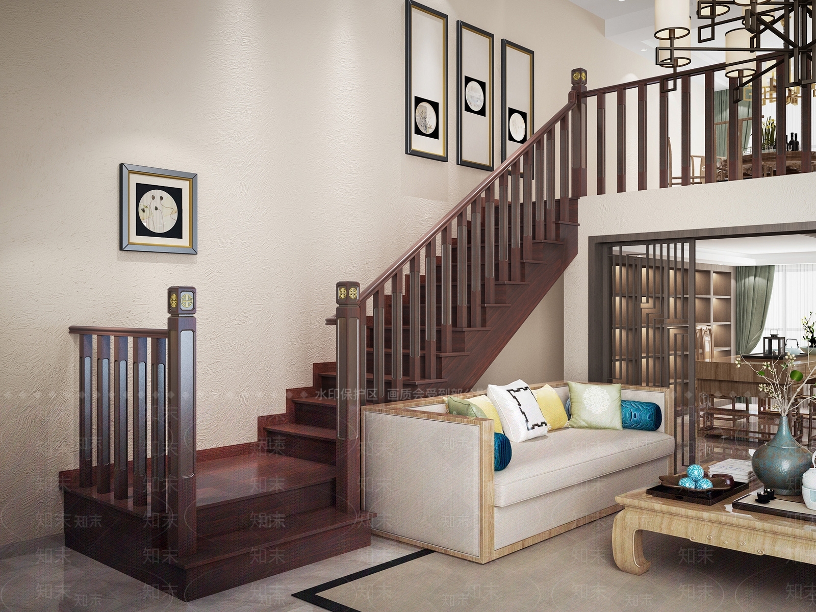 新中式实木楼梯栏杆SU模型下载【ID:1116575723】