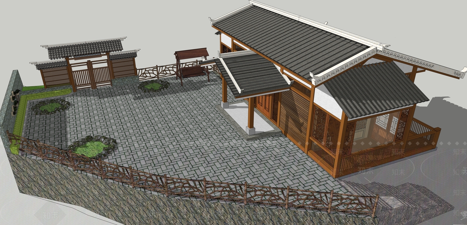 新中式休闲民宿建筑SU模型下载【ID:1116599208】
