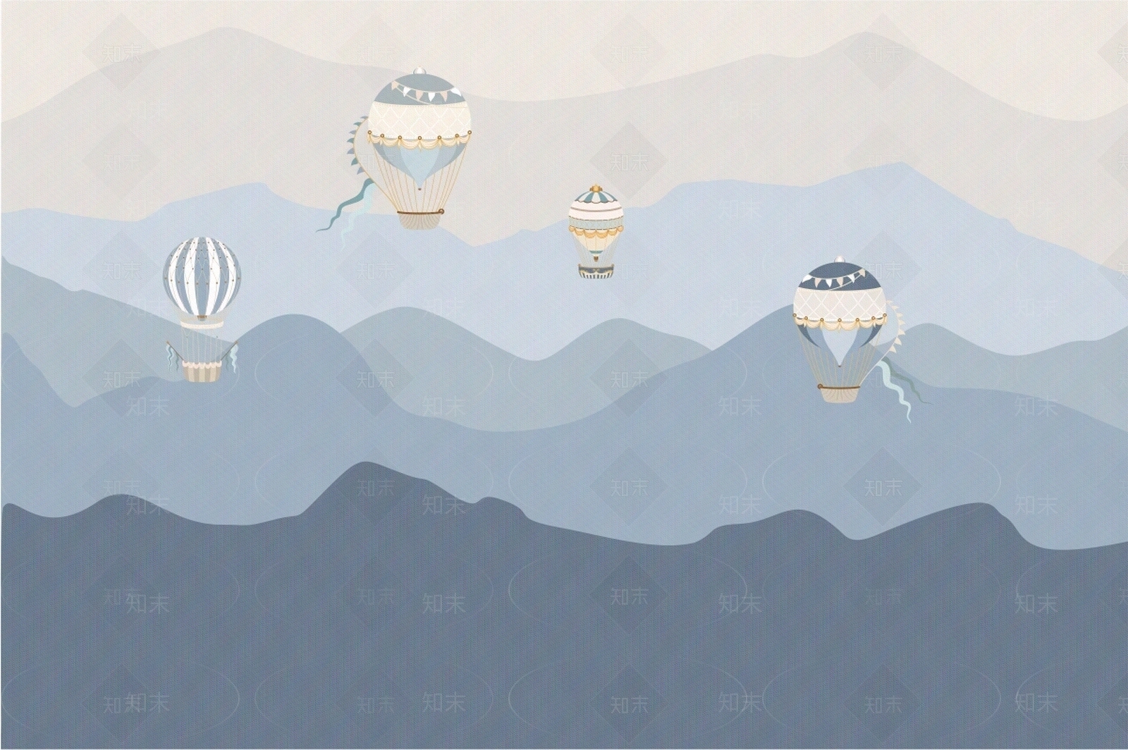 卡通水墨山水热气球壁纸壁画贴图下载【ID:1116618598】