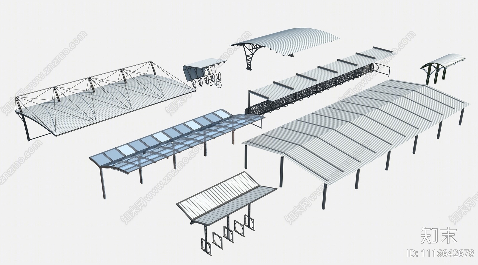 现代自行车棚3D模型下载【ID:1116642678】