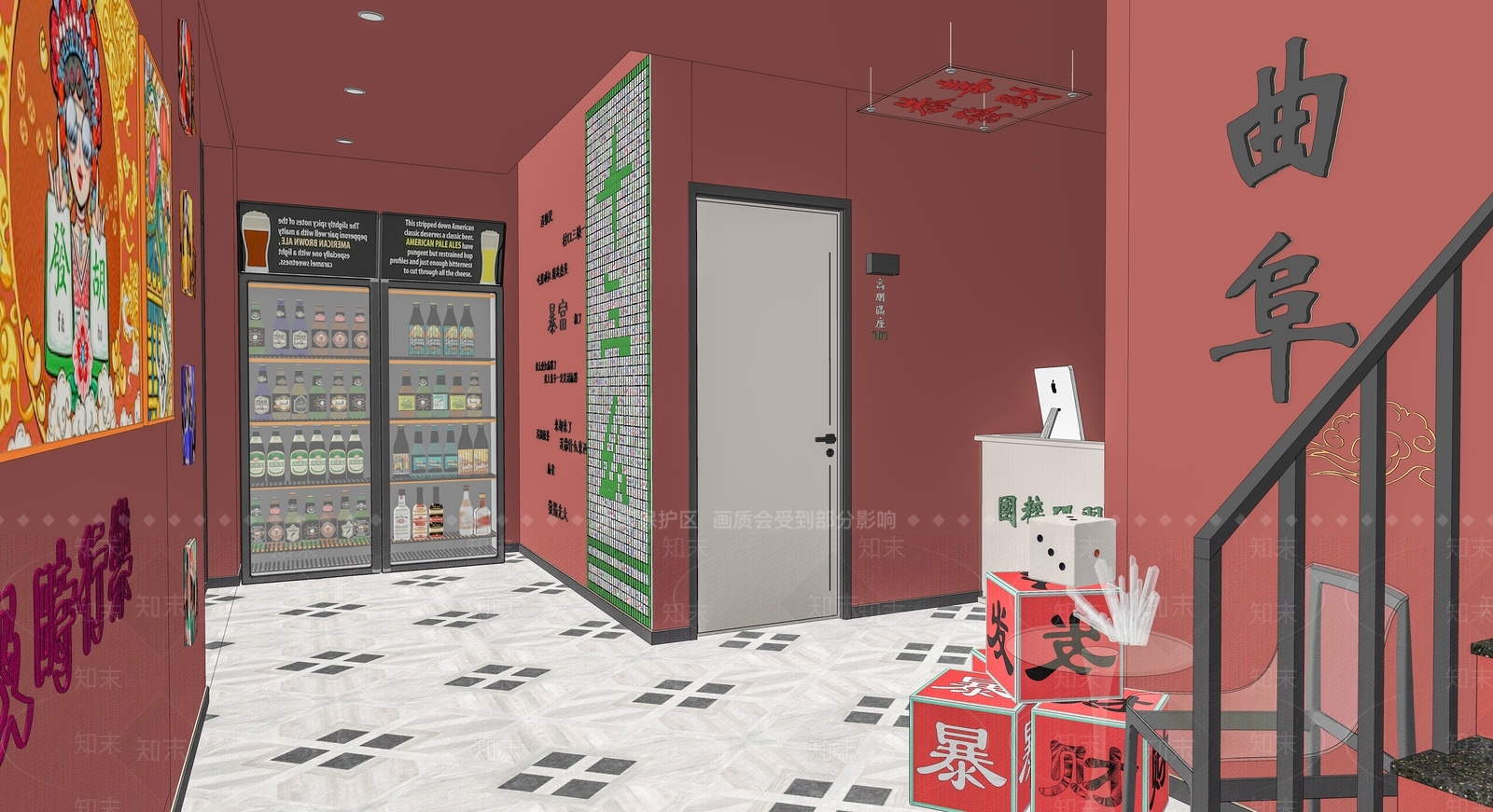 新中式国潮风麻将馆大厅大堂SU模型下载【ID:1116713931】