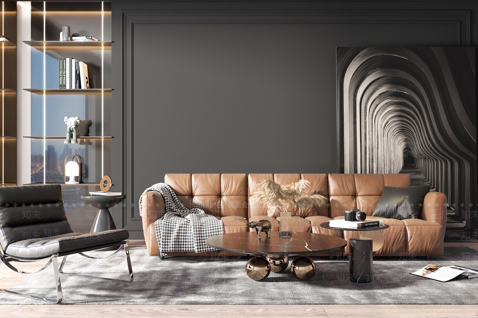 现代皮革沙发茶几组合3D模型下载【ID:1116724577】