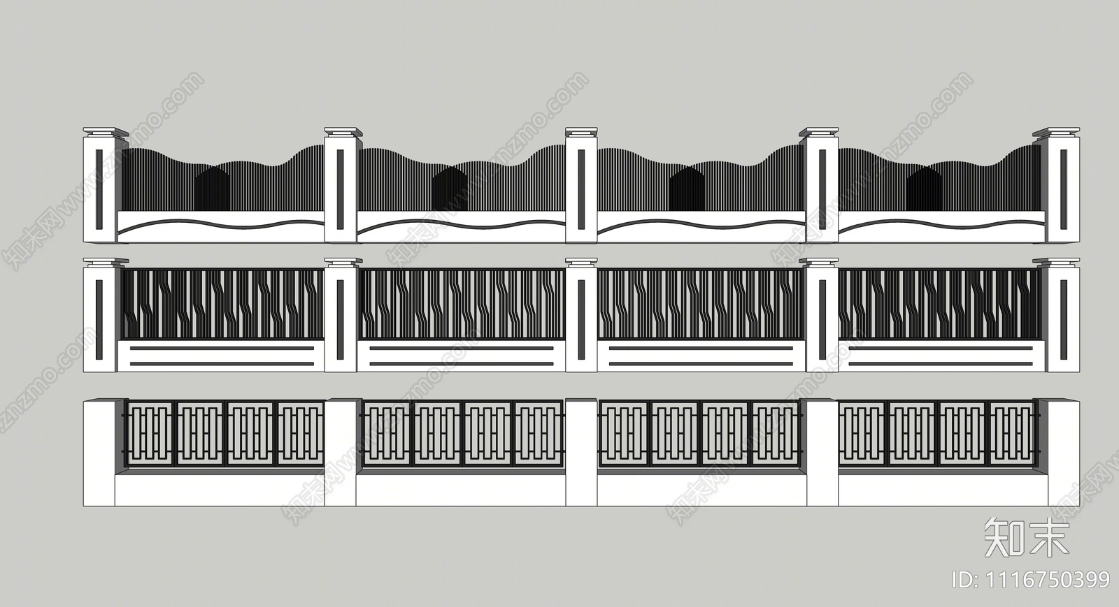 现代小区铁栏杆围墙SU模型下载【ID:1116750399】