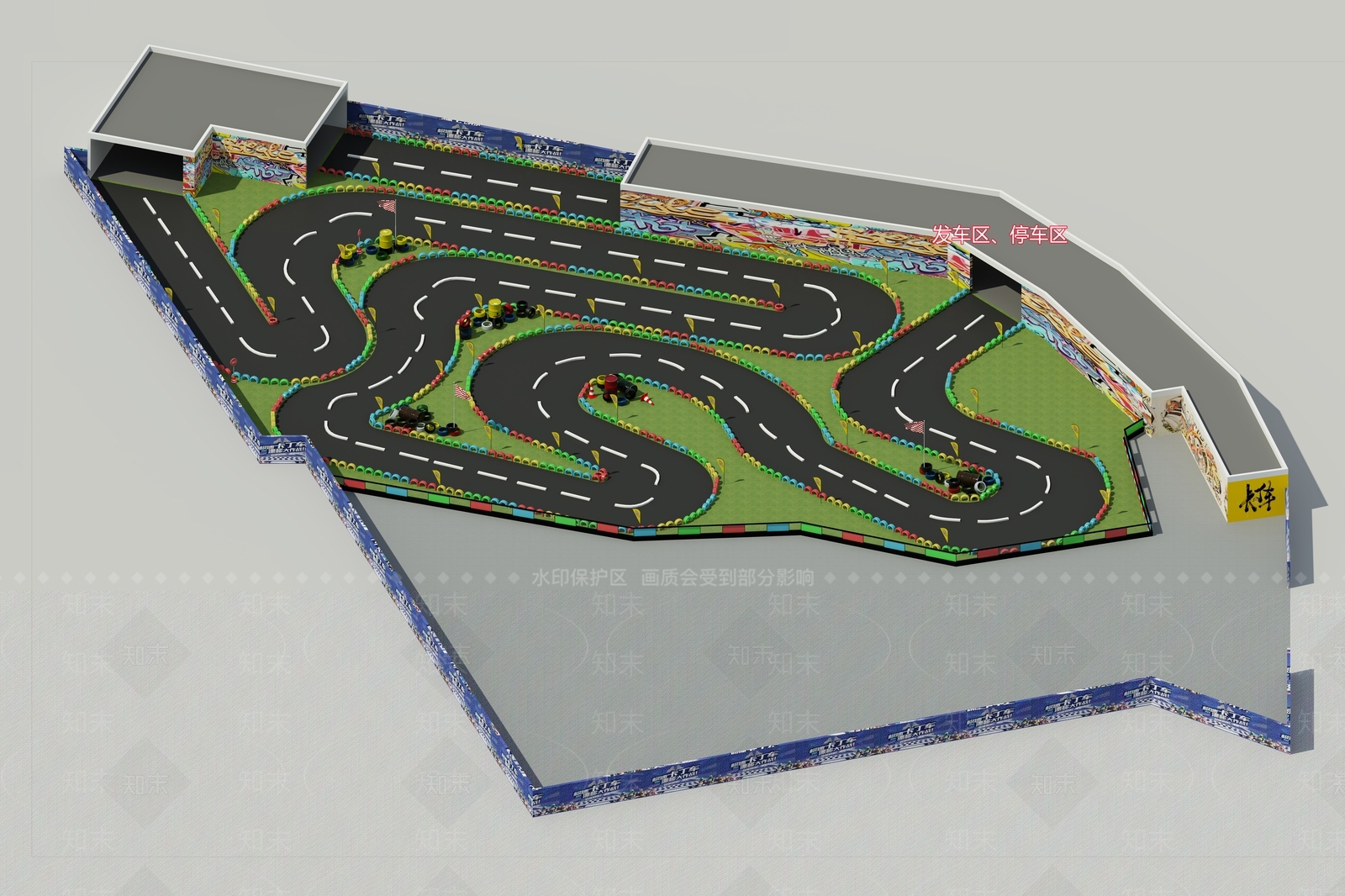 工业风涂鸦墙绘卡丁车车道3D模型下载【ID:1116810942】