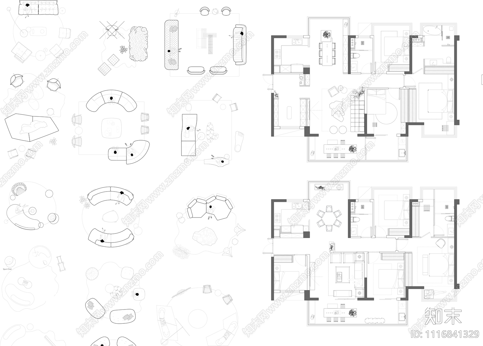 CAD客厅家具平面常用组合模块施工图下载【ID:1116841329】